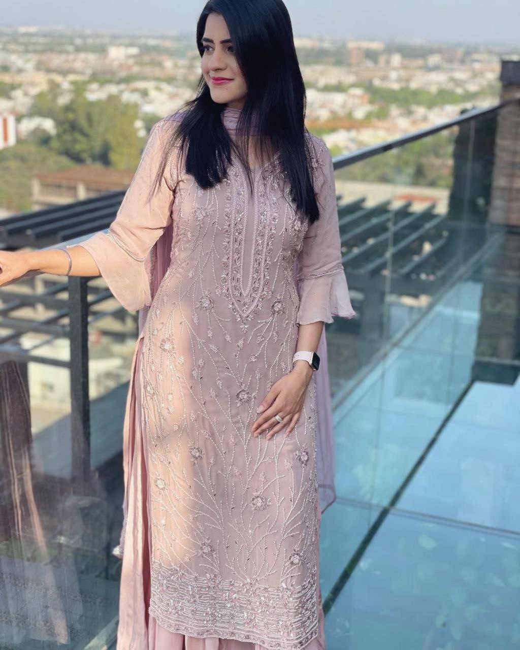 Designer Mauve Pink Embroidered Kurta Plazzo Set with Dupatta