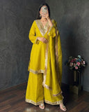 Ready To Wear Purple White Yellow Simmer Silk Kurti Palazo With Dupatta