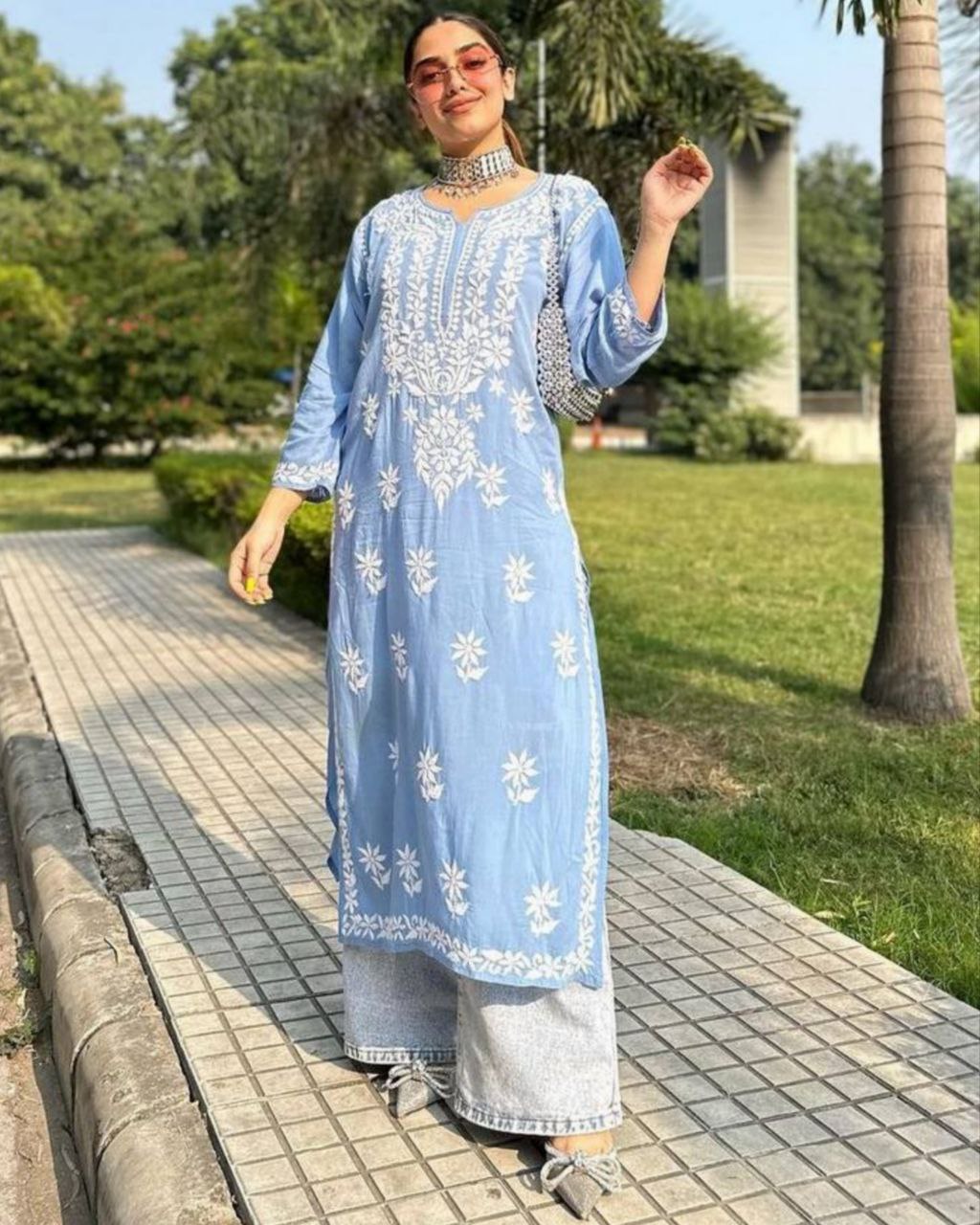 Ready To Wear Sky Rayon Cotton Embroidery Work Chikan Kari Suit