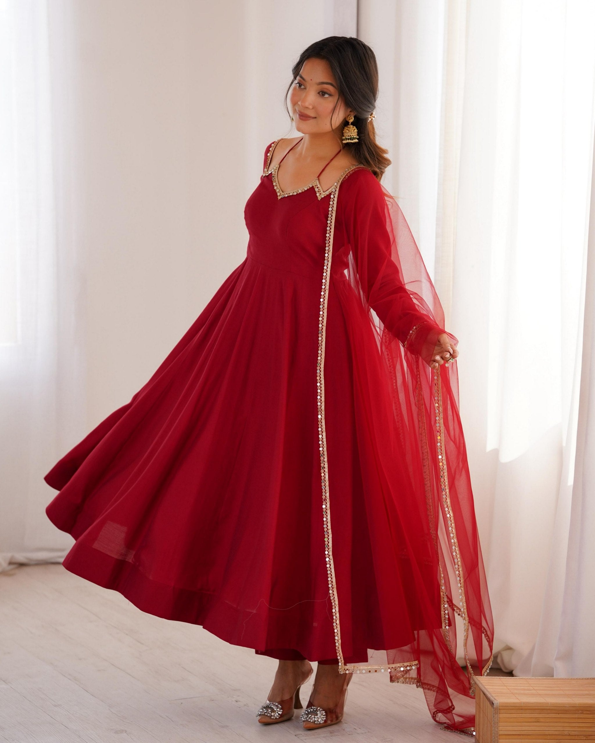 Premium Maroon Chanderi Roman Silk Embroidery Anarkali Suit With Dupatta