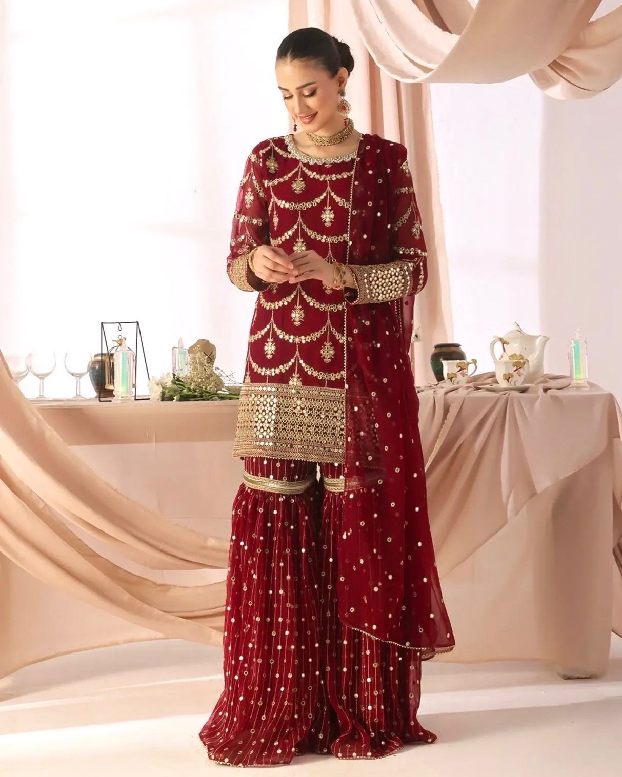 Ready To Wear Red Lavender Peach Blue Soft Georgette Embroidery Kurti Sharara With Dupatta