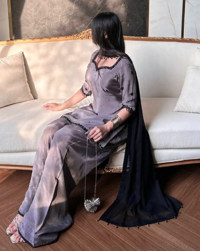 Ready To Wear Smoky Grey Natural Crep Silk Farshi Salwar Kurti With Dupatta