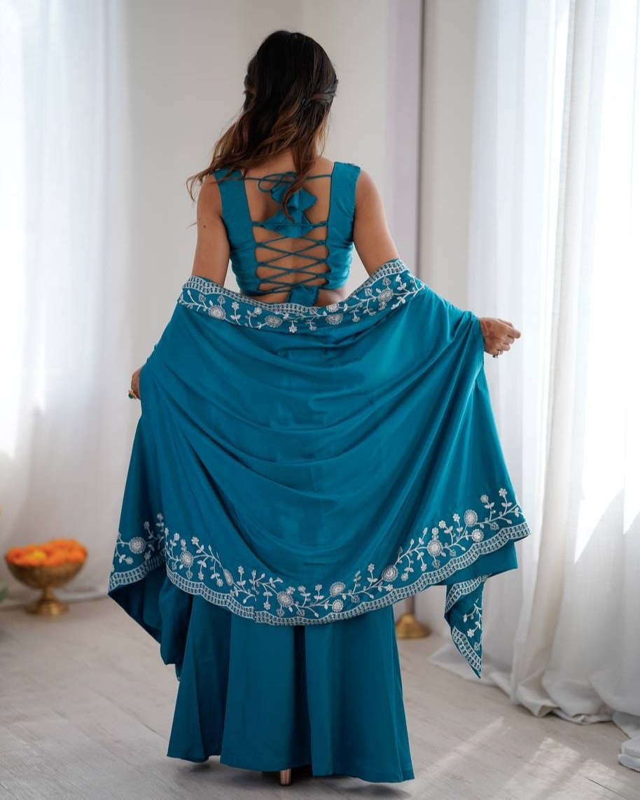 Premium Rama Premium French Crep Embroidery Western Dhoti Choli With Shrug