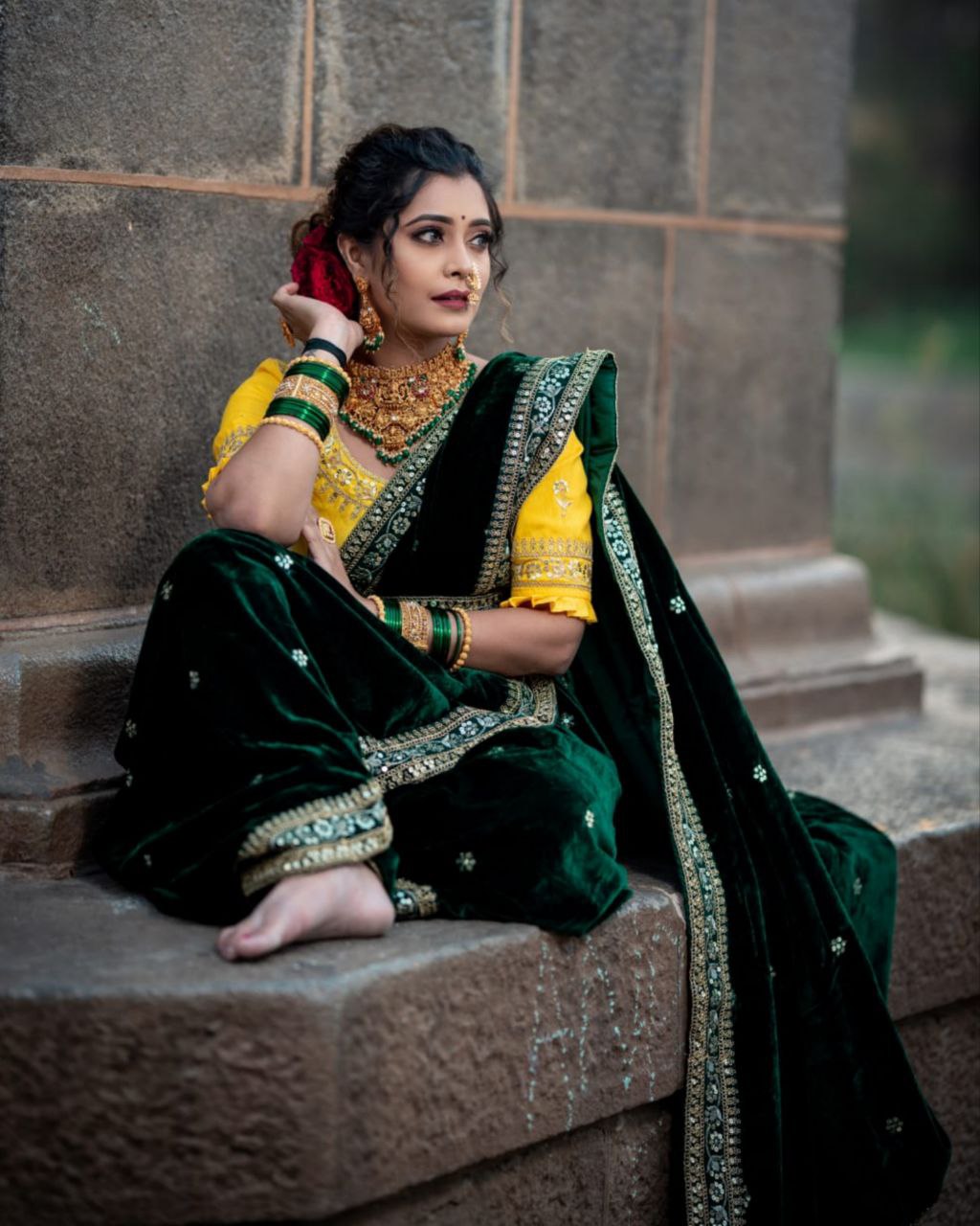 Designer 9000 Velvet Embroidery Work Green Saree With Yellow Blouse