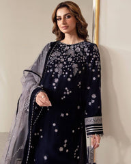 Ready To Wear Blue Malmal Velvet Embroidery Work Pant Suit With Dupatta