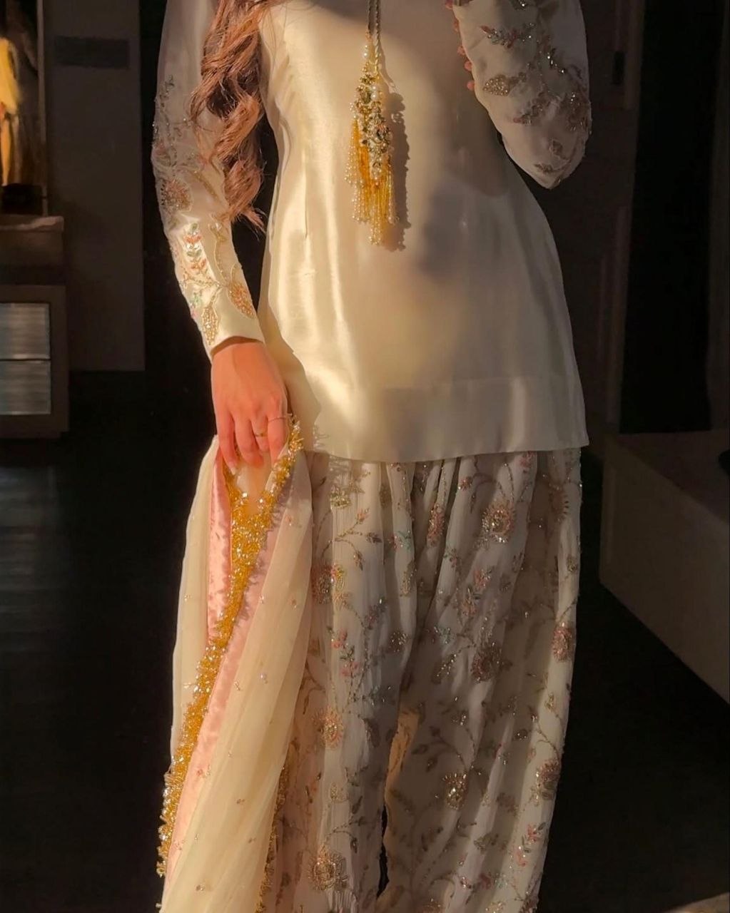 Ready To Wear White Pure Glass Satin Silk Farshi Salwar Suit With Dupatta
