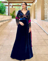 Ready To Wear Malmal Velvet Sequence Work Neavy Blue Gown With Pink Dupatta