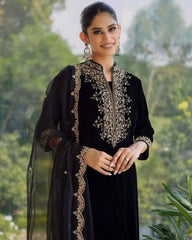 Ready To Wear Black Micro Velvet Embroidery Work Pakistani Suit With Dupatta