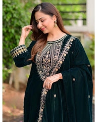 Ready To Wear Dark Green Micro Velvet Embroidery Work Pakistani Suit With Dupatta