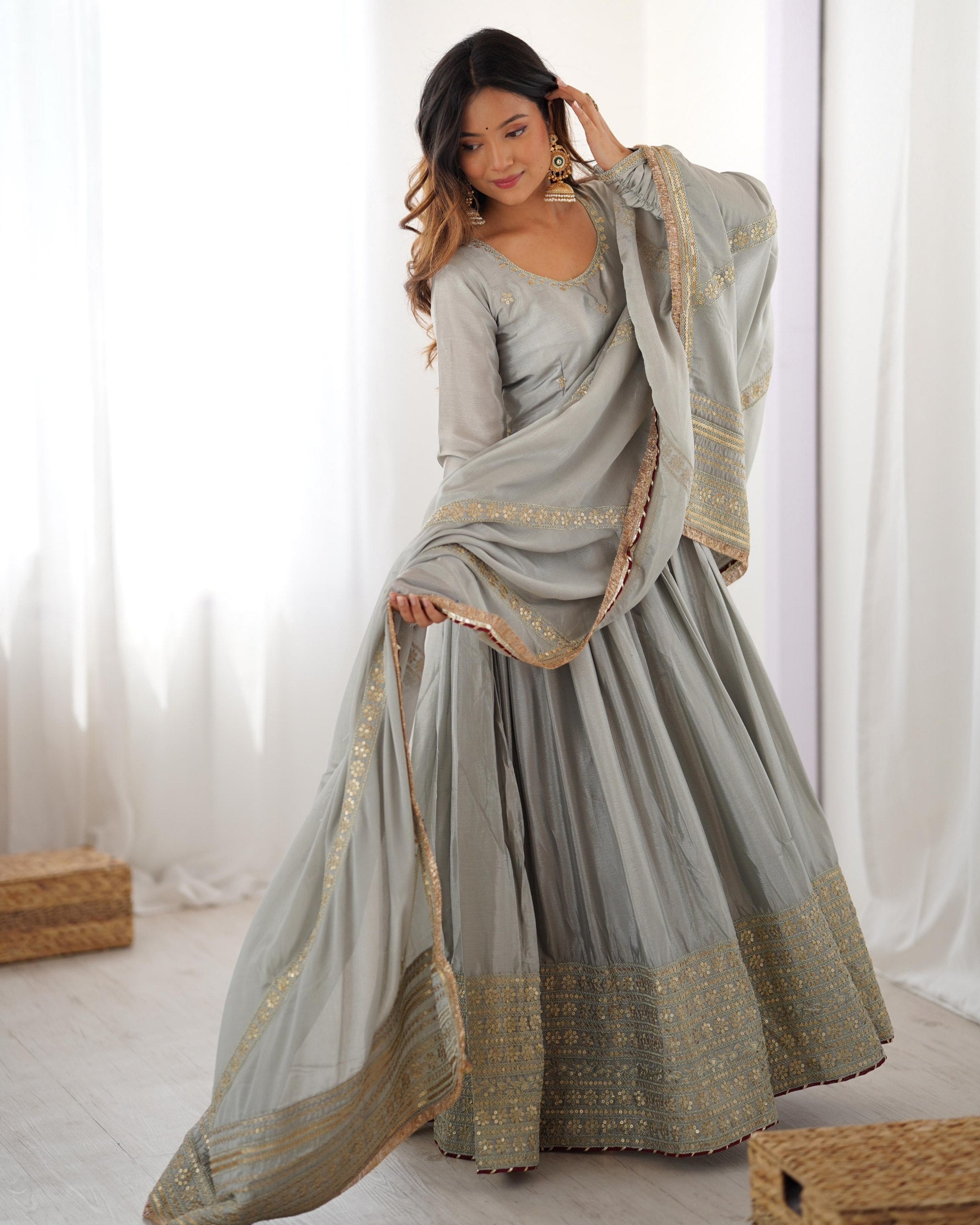 Premium Black Grey Chinon Silk Embroidery Anarkali Suit With Dupatta