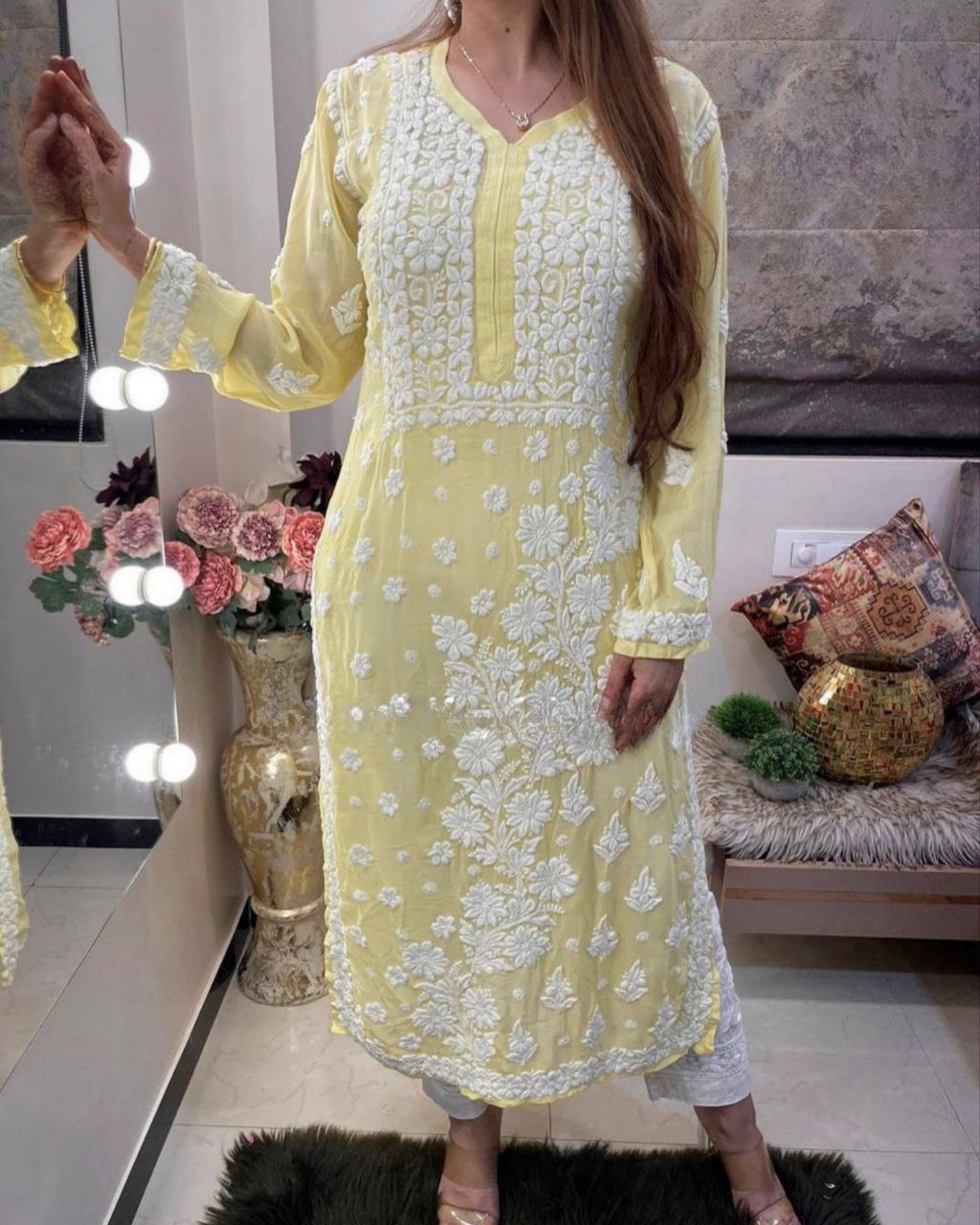 Ready To Wear Yellow Faux Georgette Embroidery Work Chikan Kari Suit