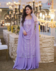 Ready To Wear Pastel Purple Pure Georgette Embroidery Work Sharara Suit With Dupatta