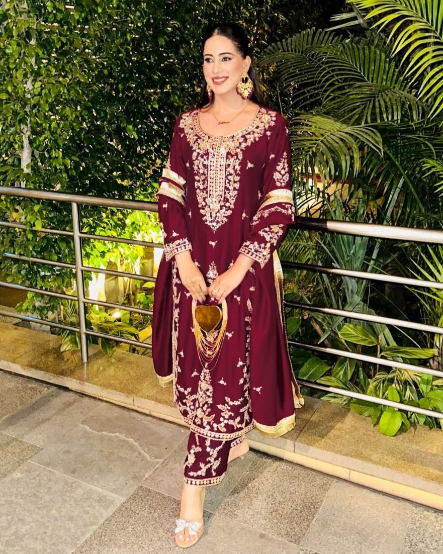 Ready To Wear Maroon Roman Glass Silk Embroidery Kurti Pant With Dupatta