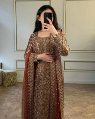 Ready To Wear Copper Brown Jimmy Choo Silk Embroidery Work Pakistani Suit With Dupatta