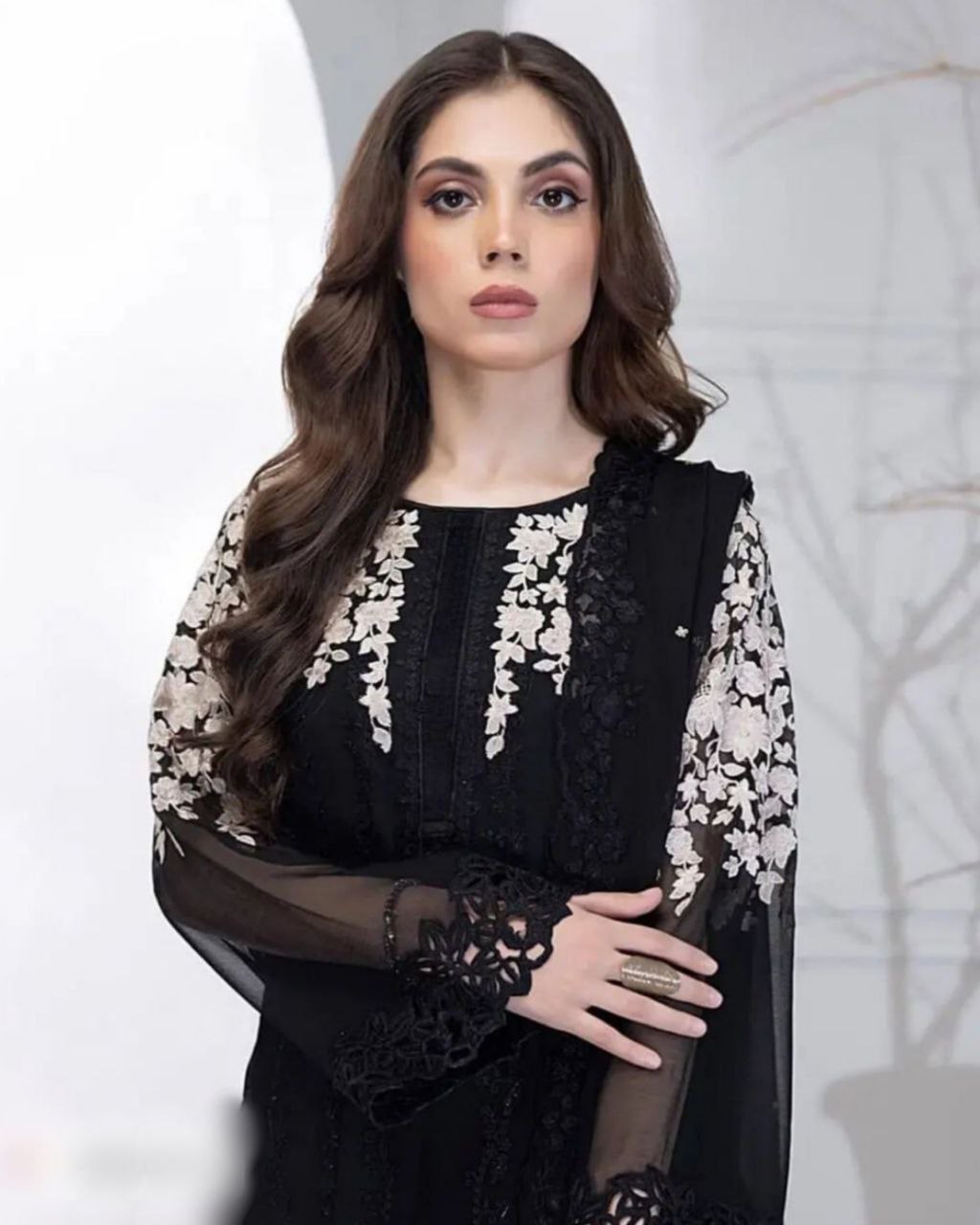 Ready To Wear Black Pure Georgette Embroidery Work Pakistani Pant Suit With Dupatta