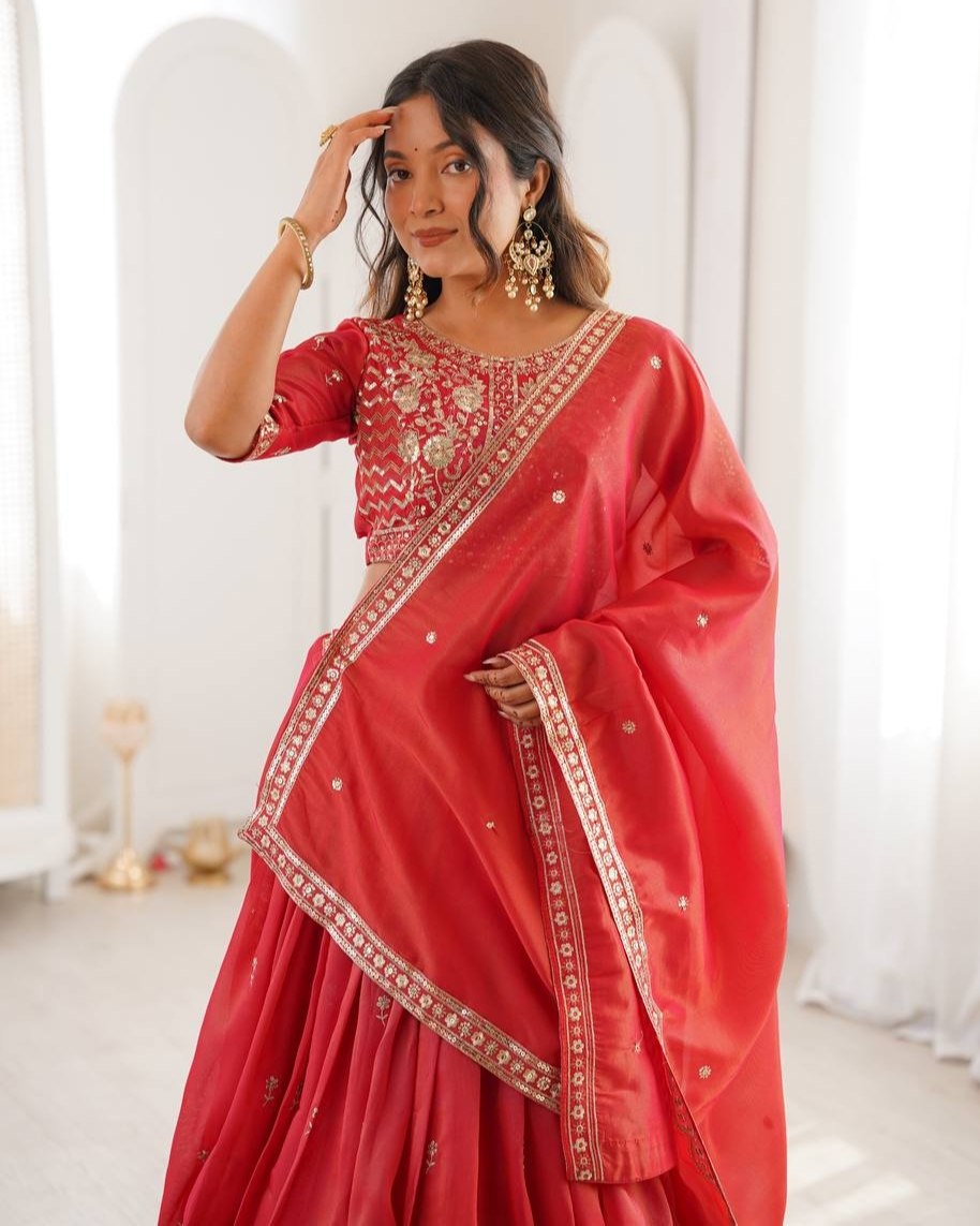 Premium Red Premium Shimmer Silk Embroidery Lehenga Blouse With Dupatta