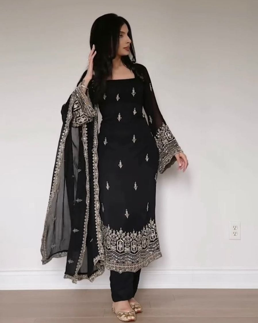 Ready To Wear Black Soft Georgette Embroidery Kurti Pant With Dupatta