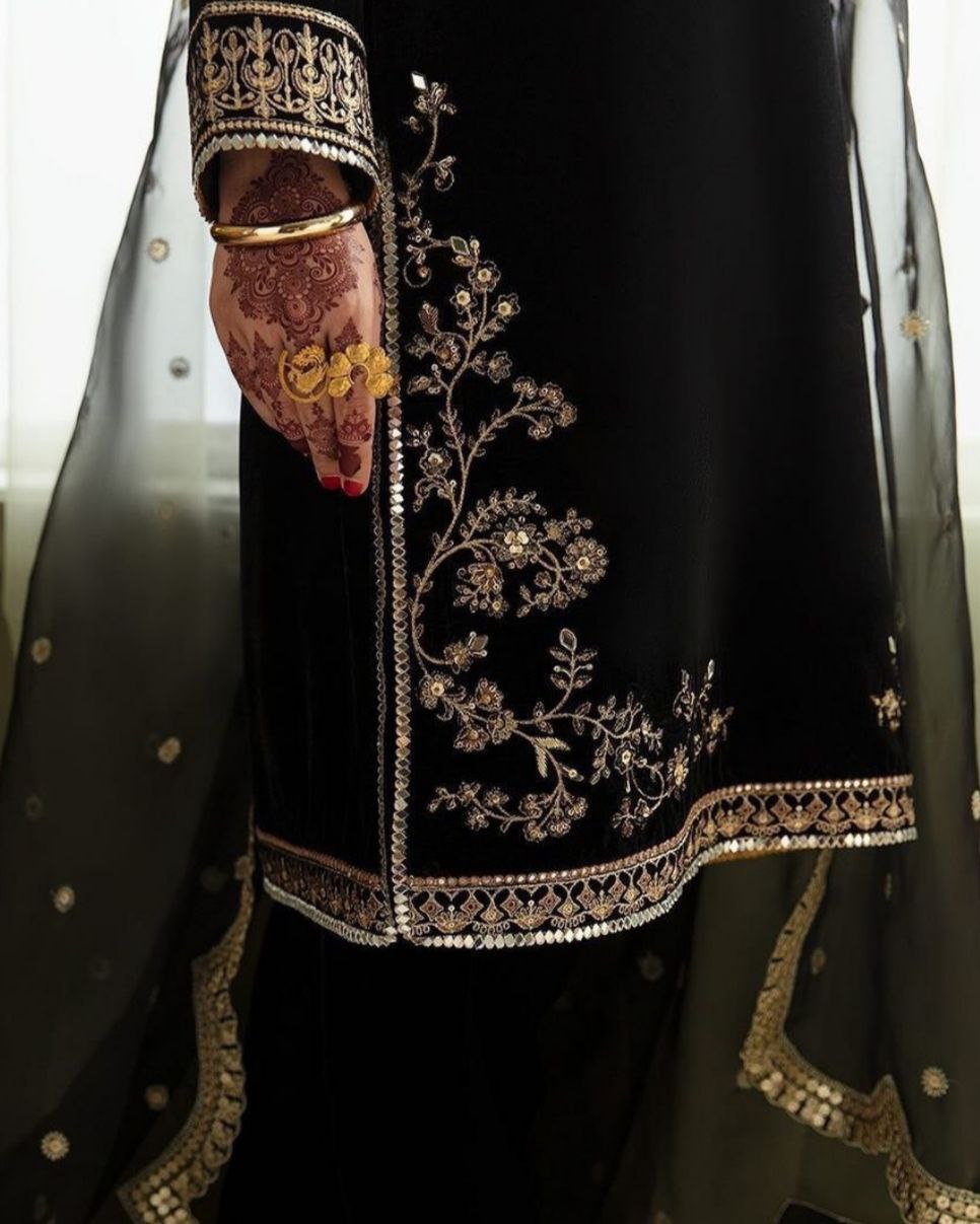 Ready To Wear Black Micro Velvet Embroidery Work Pakistani Suit With Dupatta