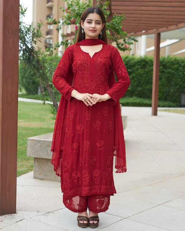 Ready To Wear Pink Brown Green Red Soft Georgette Chikankari Kurti Palazo With Dupatta
