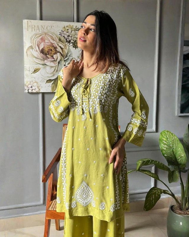 Exclusive Yellow Green Rayon Cotton chikankari Palazo Kurti Set