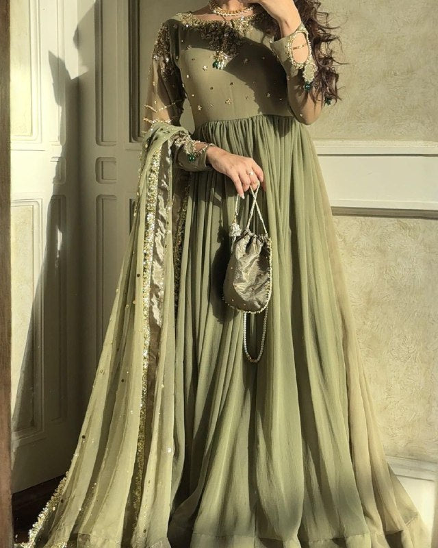 Exclusive Green Soft Georgette Embroidery Gown Pant With Dupatta