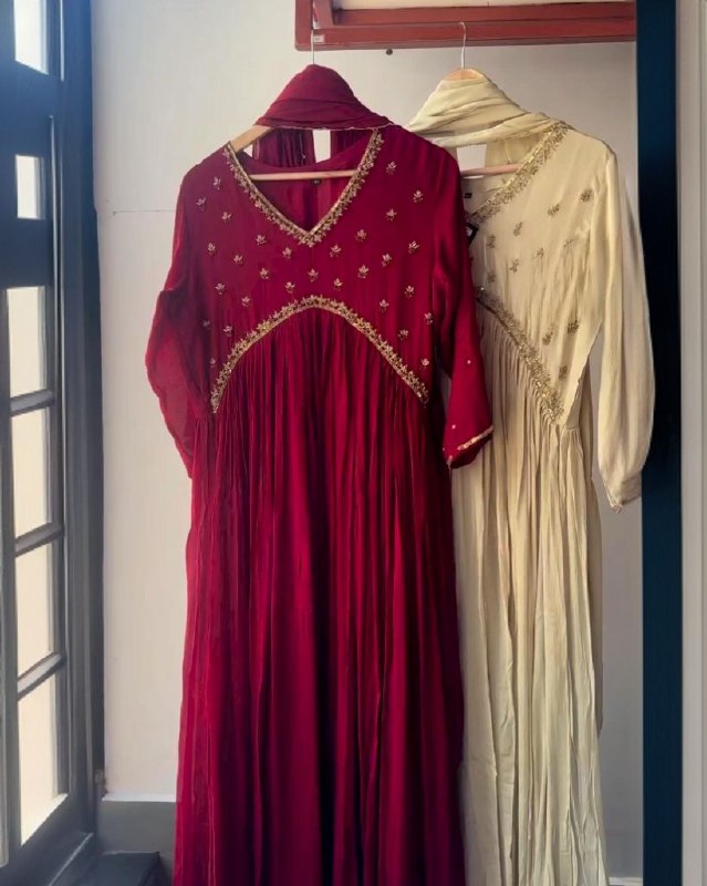 Ready To Wear Maroon&Cream Pure Georgette Embroidery Work Ali Cut Suit With Dupatta