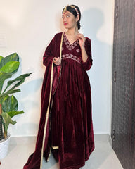 Ready To Wear Maroon Micro Velvet Embroidery Work Alia Cut Suit With Dupatta