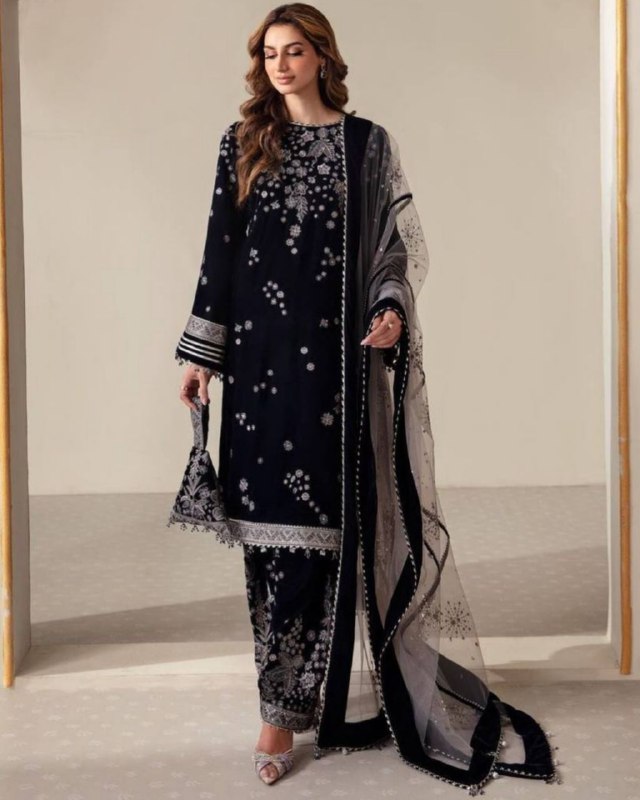 Ready To Wear Blue Malmal Velvet Embroidery Work Pant Suit With Dupatta