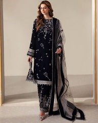 Ready To Wear Blue Malmal Velvet Embroidery Work Pant Suit With Dupatta