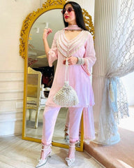 Ready To Wear Baby Pink Maslin Silk Heavy Lace Work Pant Suit With Dupatta