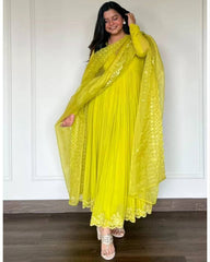 Ready To Wear Lime Green Faux Georgette Embroidery Work Anarkali Suit With Dupatta