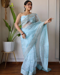 Designer Sky Organza Silk Embroidery Work Saree With Blouse