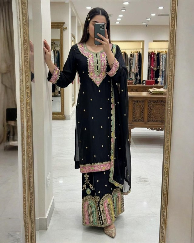 Ready To Wear White And Black Chinon Silk Embroidery Sharara Kurti With Dupatta