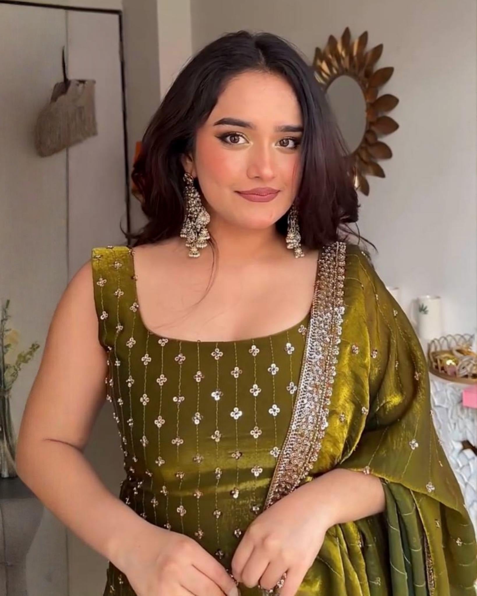 Exclusive Mehndi Green Fendy Silk Embroidery Top Bottom With Dupatta