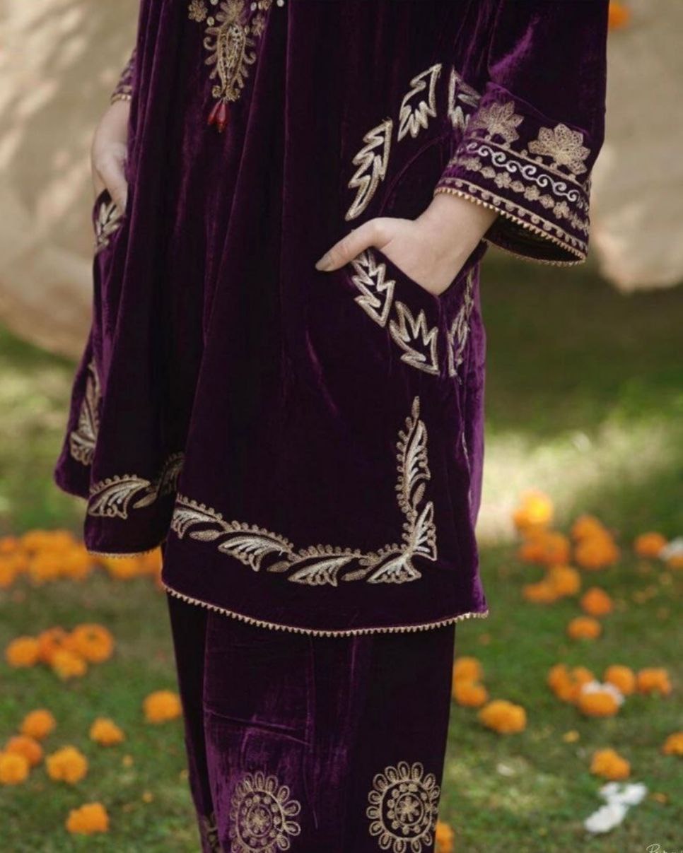 Ready To Wear Purple Micro Velvet Embroidery Work Top With Pant