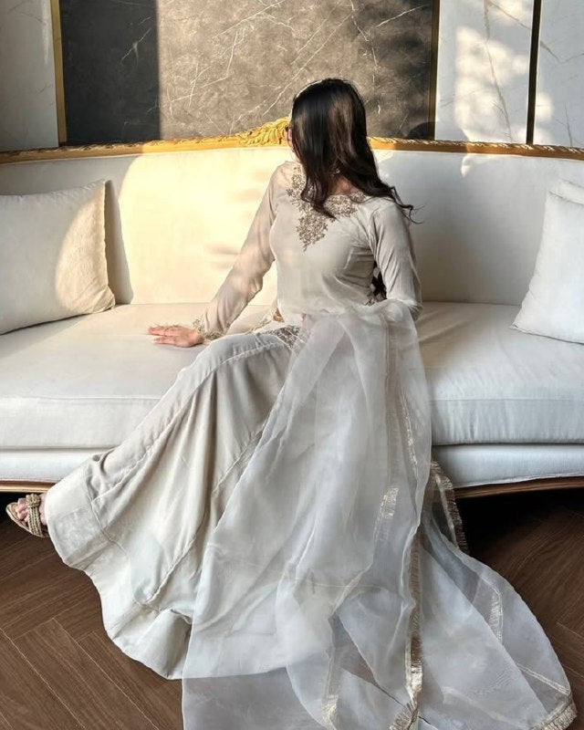 Exclusive White Korean Satin Silk Embroidery Palazo Kurti With Dupatta