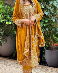 Ready To Wear Mustard Pure Georgette Embroidery Work Pakistani Suit With Dupatta