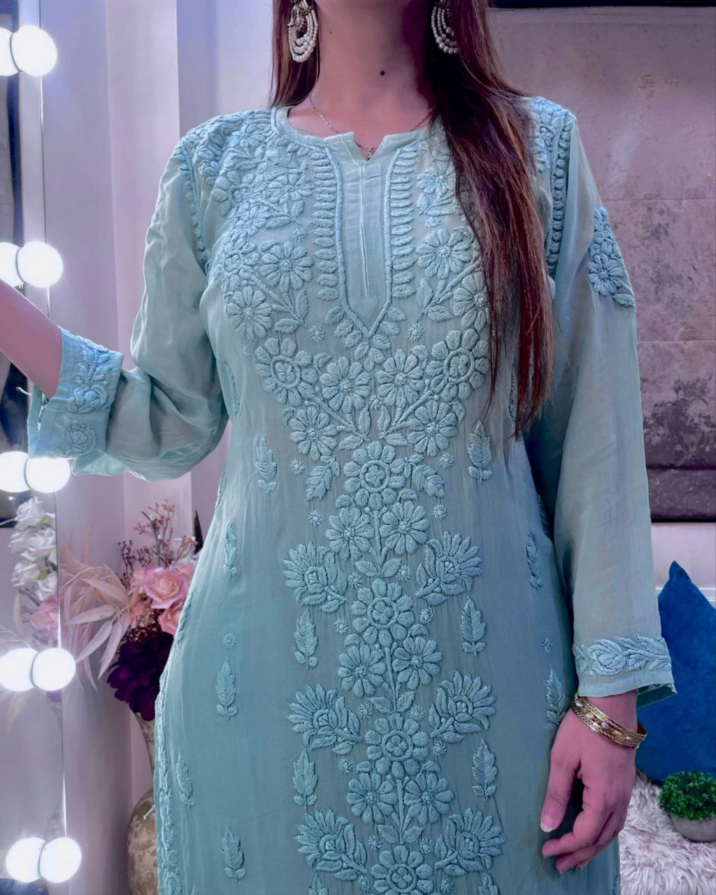 Ready To Wear Sky Blue Faux Georgette Embroidery Work Chikan Kari Suit