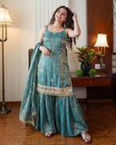 Exclusive Sea Green Simmer Silk Embroidery Palazo Kurti With Dupatta