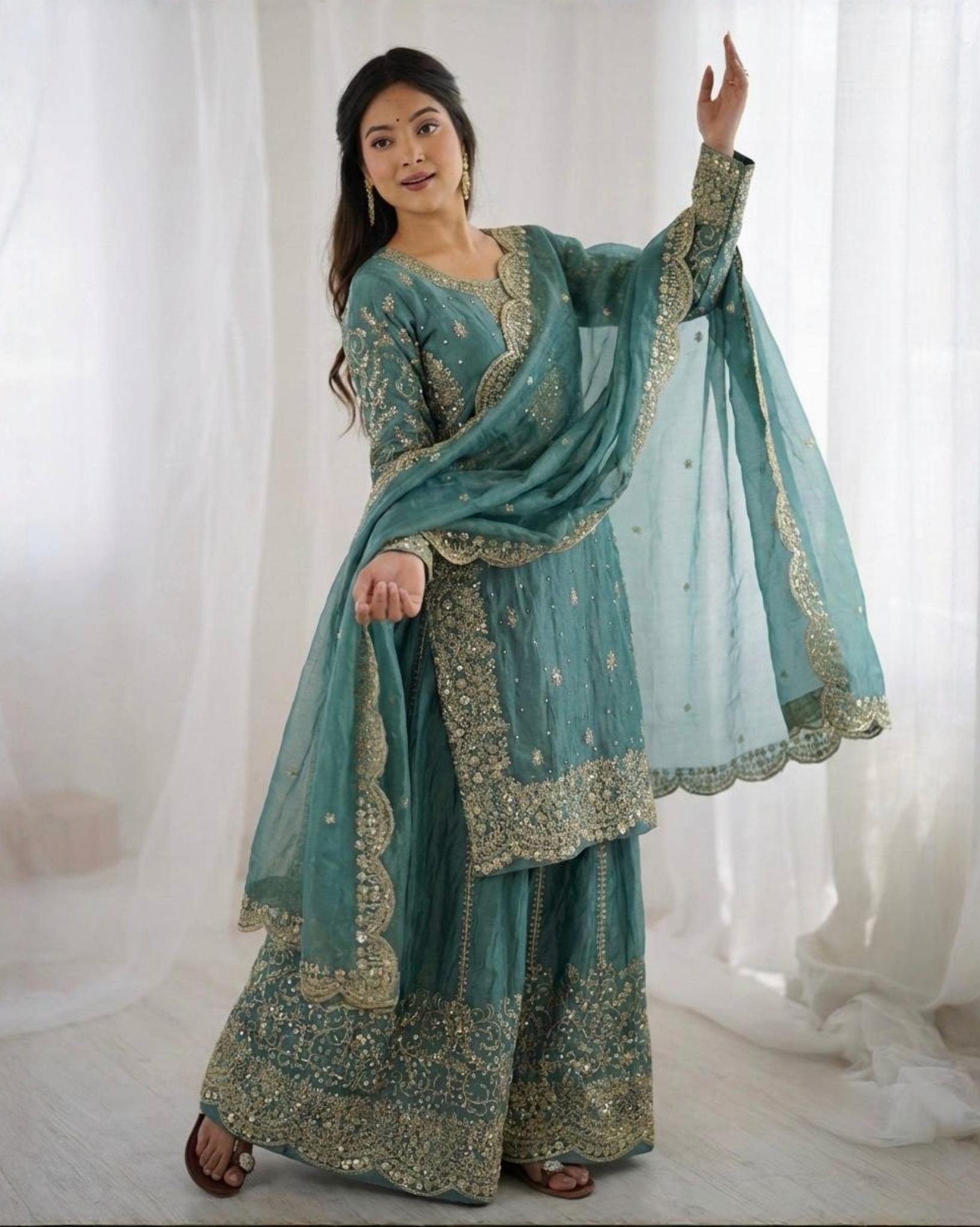 Exclusive Maroon Sea Green Simmer Silk Embroidery Palazo Kurti With Dupatta