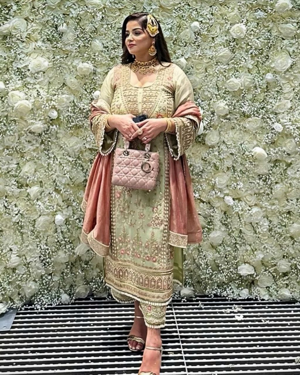 Ready To Wear Pista Green Pure Georgette Lace Work Pakistani Suit With Dupatta