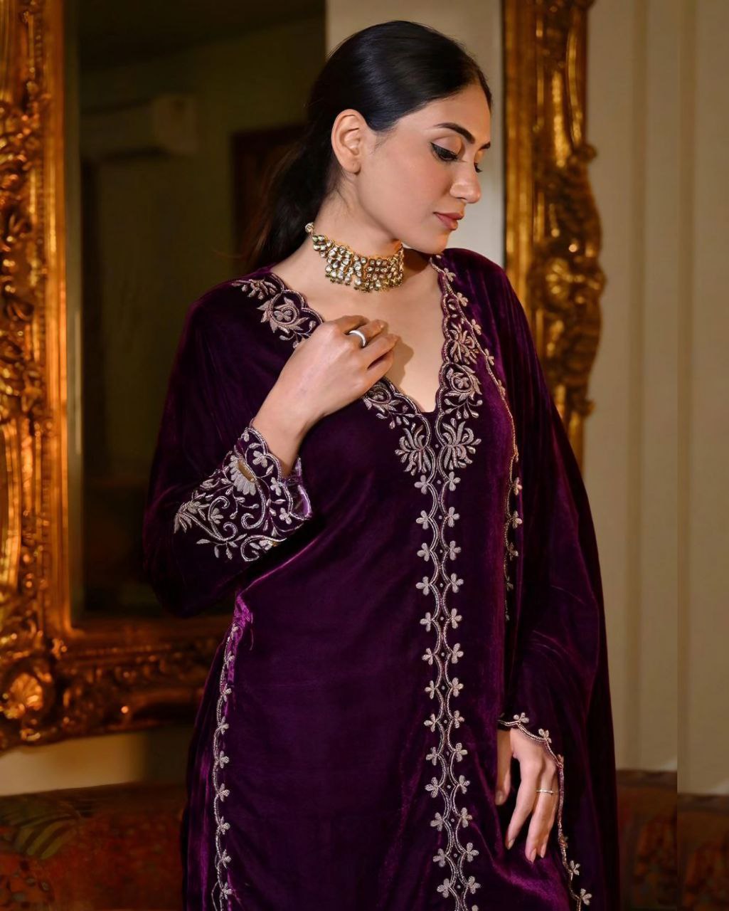 Ready To Wear Purple Micro Velvet Embroidery Work Pakistani Pant Suit With Dupatta