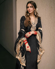 Ready To Wear Black Chinon Silk Embroidery Work Pakistani Suit With Dupatta