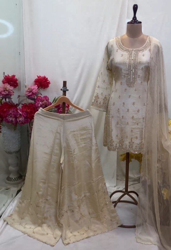Exclusive Cream Chinon Silk Embroidery Work Sharara Suit With Dupatta