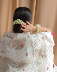 Designer Soft Tabby Silk Lucknowi Chikan Work White Saree With Pink Blouse