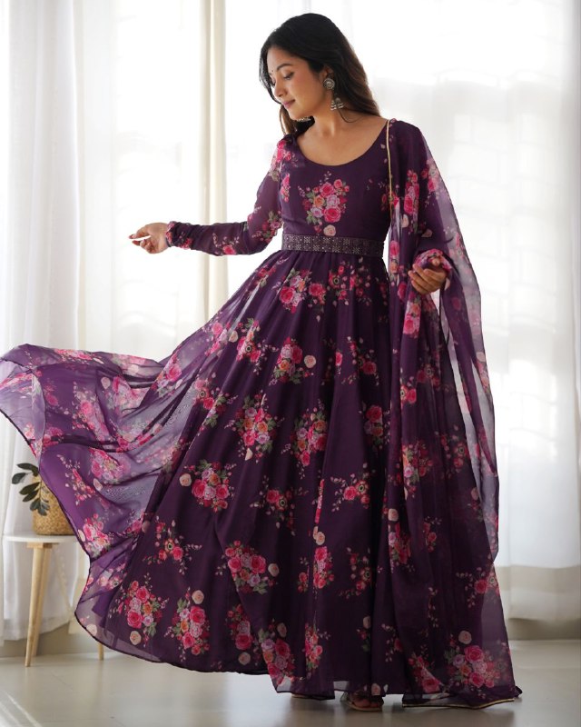 Ready To Wear Purple Organza Silk Floral Printed Work Anarkali Gown With Dupatta