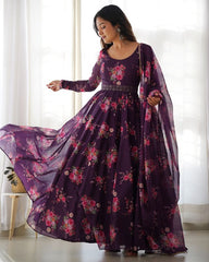 Ready To Wear Purple Organza Silk Floral Printed Work Anarkali Gown With Dupatta