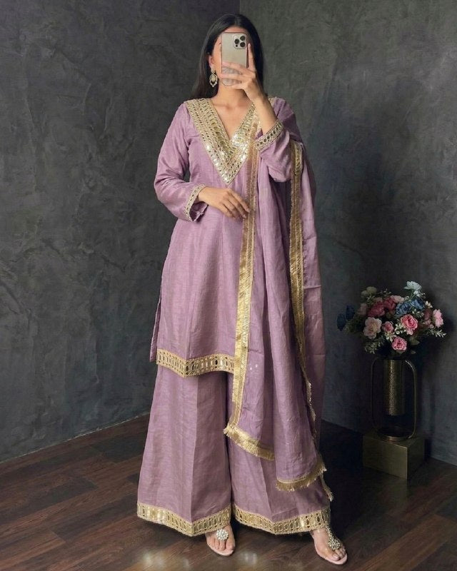 Ready To Wear Purple White Yellow Simmer Silk Kurti Palazo With Dupatta