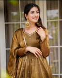 Ready To Wear Antique Gold Shimmer Silk Anarkali Suit With Dupatta