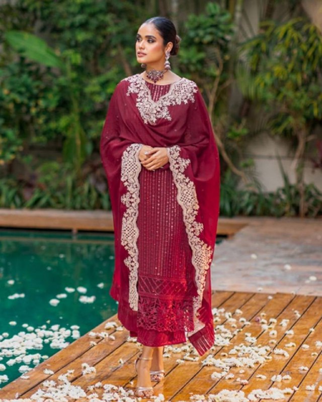 Ready To Wear Maroon Pure Georgette Embroidery Work Pakistani With Dupatta